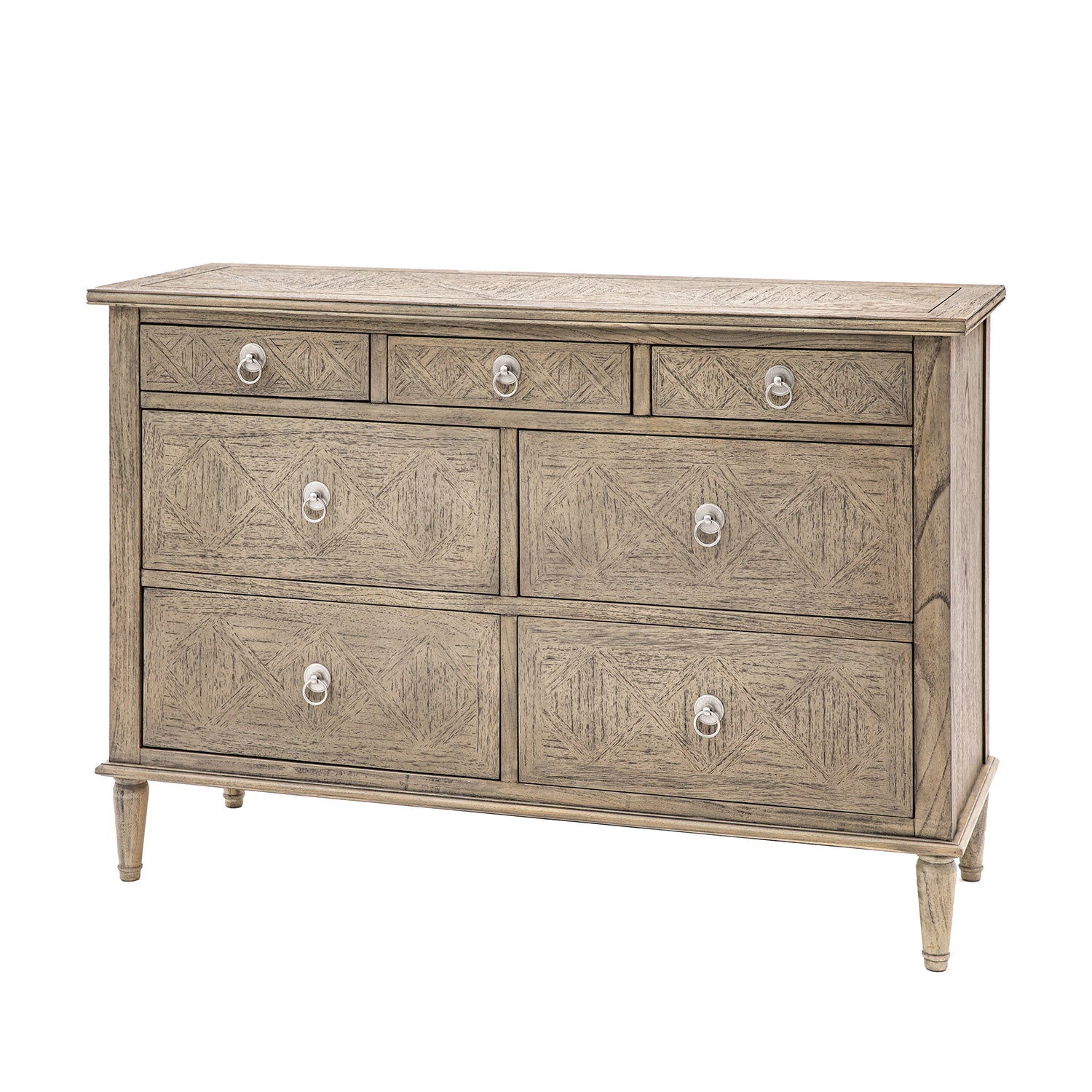 Faringdon 7 Drawer Chest with elegant parquet wood top design and turned feet, featuring three small drawers at the top and four larger drawers below