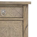 Close-up detail of Faringdon Chest's parquet wood pattern, highlighting the natural grain variations and inlaid design craftsmanship