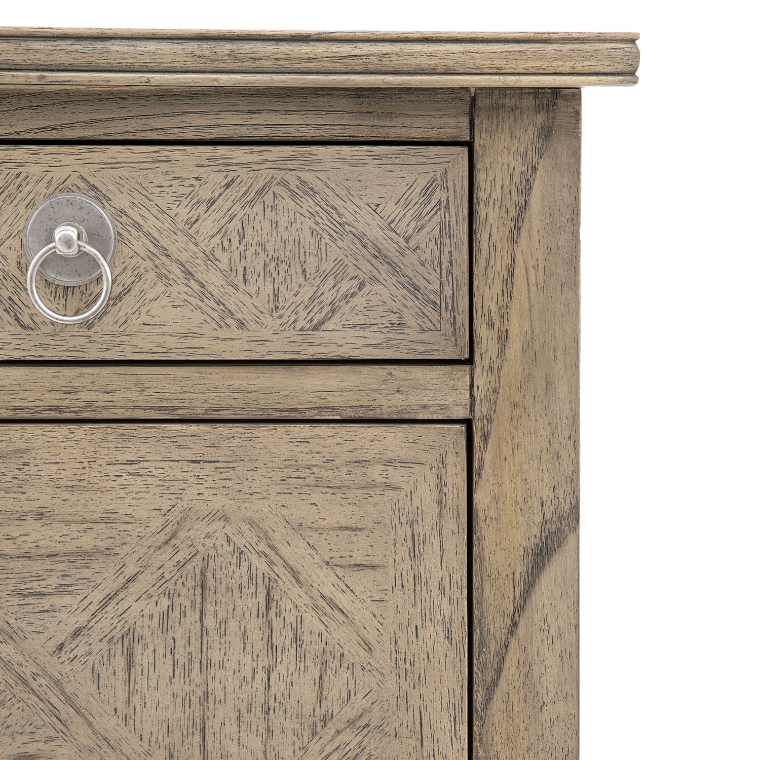 Close-up detail of Faringdon Chest's parquet wood pattern, highlighting the natural grain variations and inlaid design craftsmanship