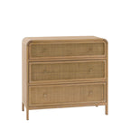 A three-drawer wooden chest of drawers with woven cane panels on the front of each drawer, shown on a plain white background.