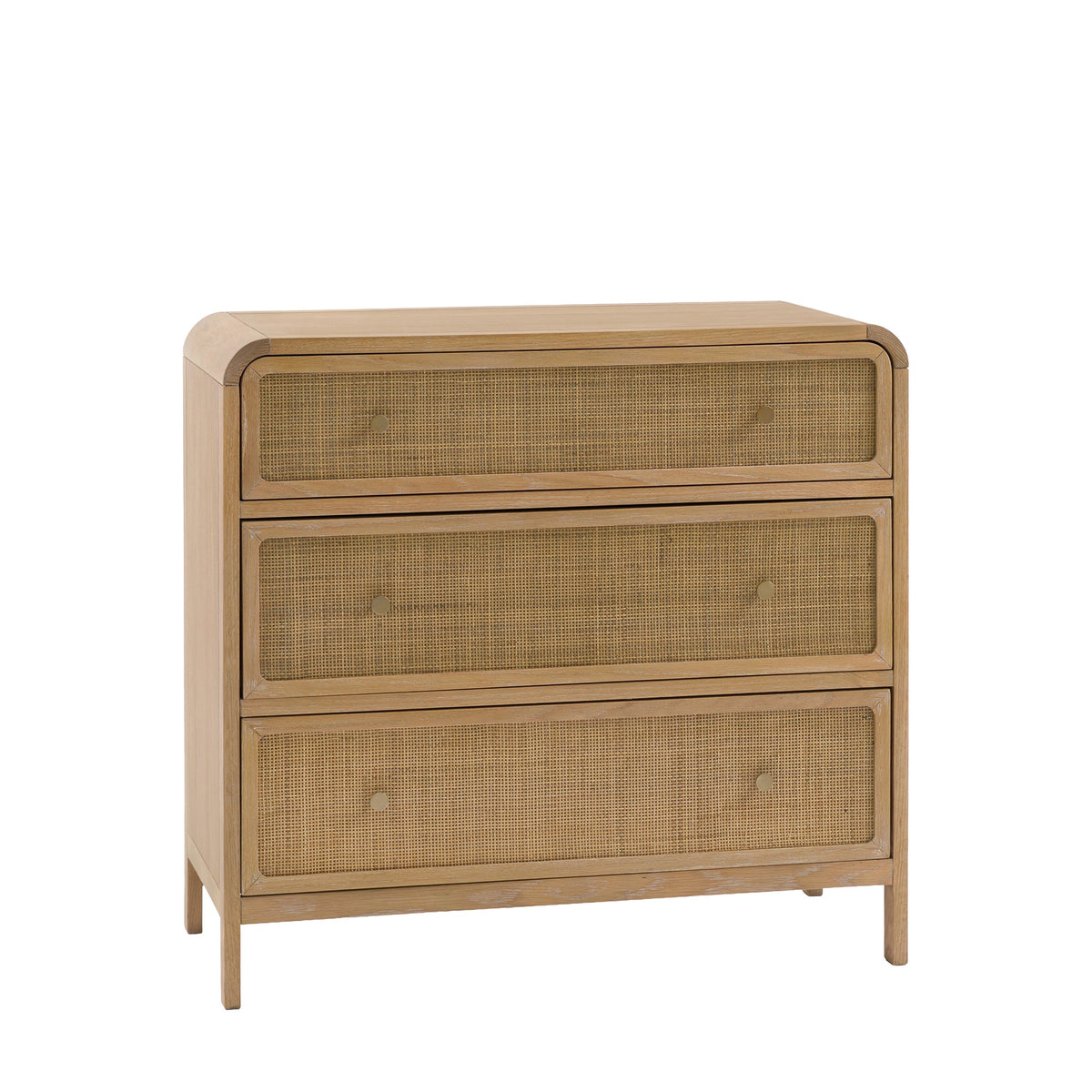 A three-drawer wooden chest of drawers with woven cane panels on the front of each drawer, shown on a plain white background.