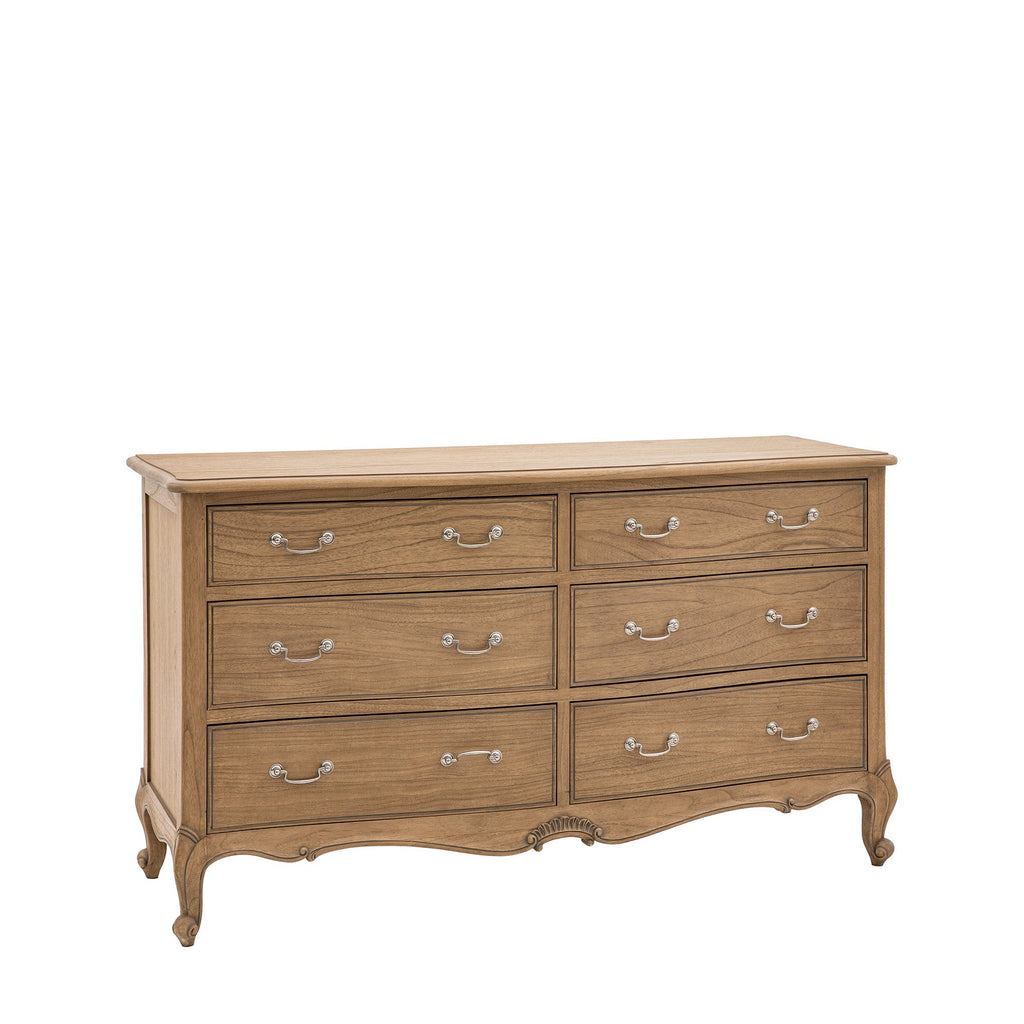 Wooden dresser with multiple drawers on a white background