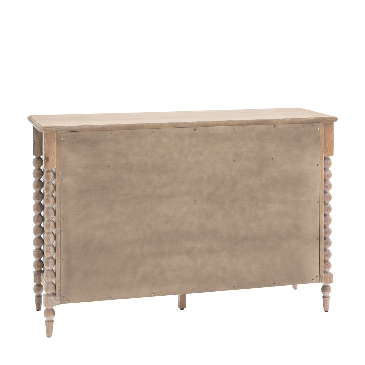 Wooden chest of drawers with spindle legs on a white background