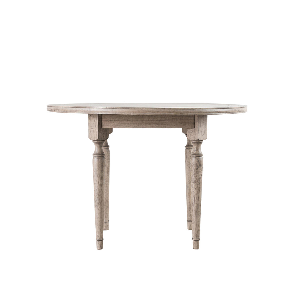 Faringdon Round Dining Table with elegant parquet wood top design, featuring sturdy turned legs and natural wood finish, perfect for family dining spaces.