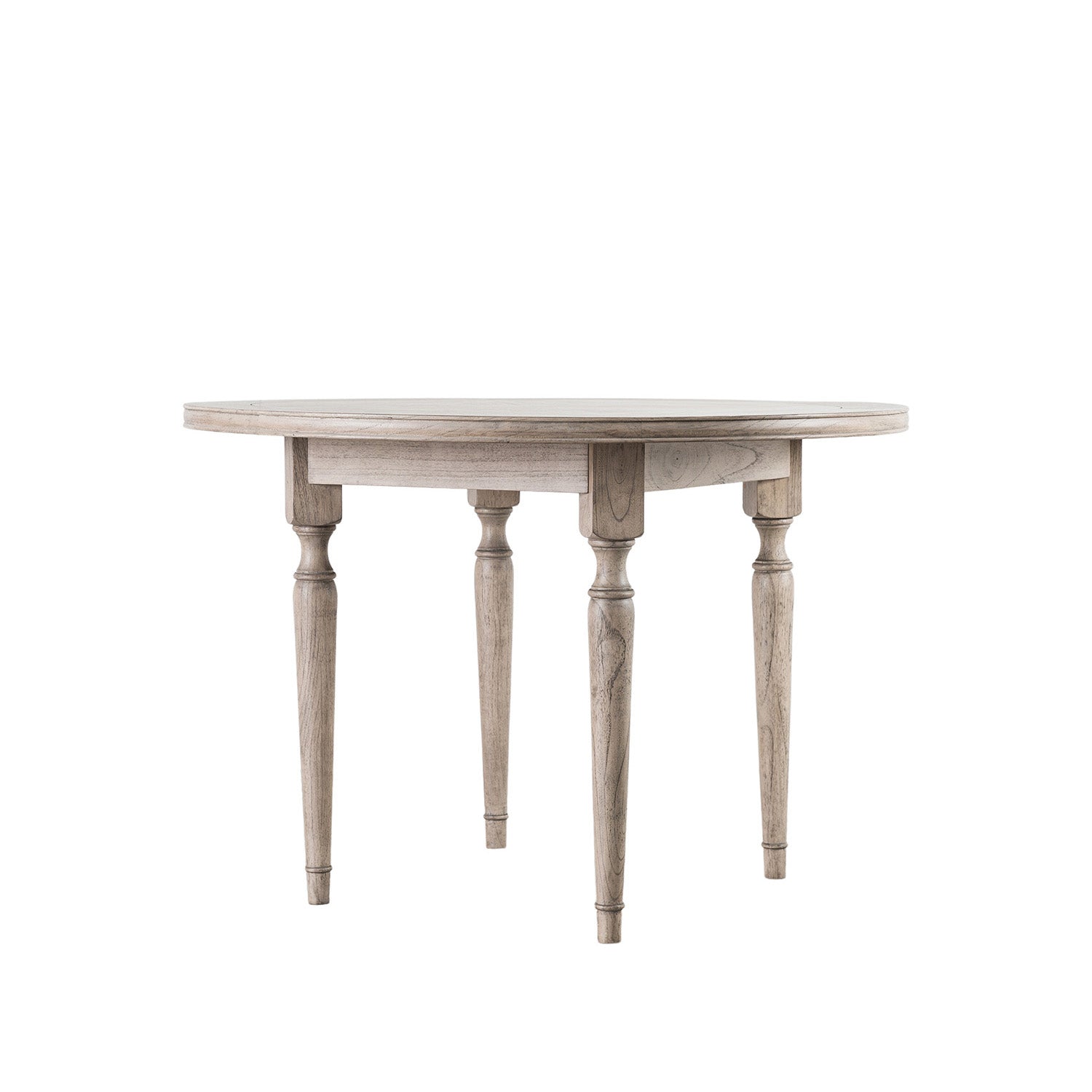 Side angle of Faringdon Round Dining Table displaying the ornate turned legs and solid construction, showcasing its craftsmanship and stability