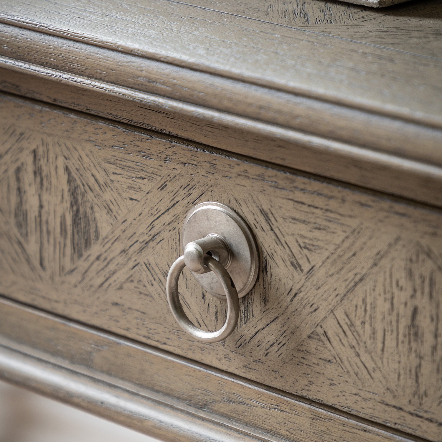 Detail shot of Faringdon Dressing Table drawer handles and hardware finishes