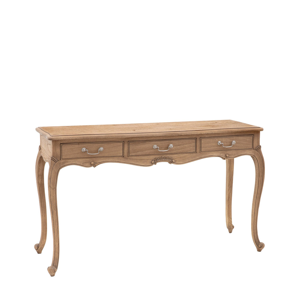 Wooden dressing table with curved legs on a white background