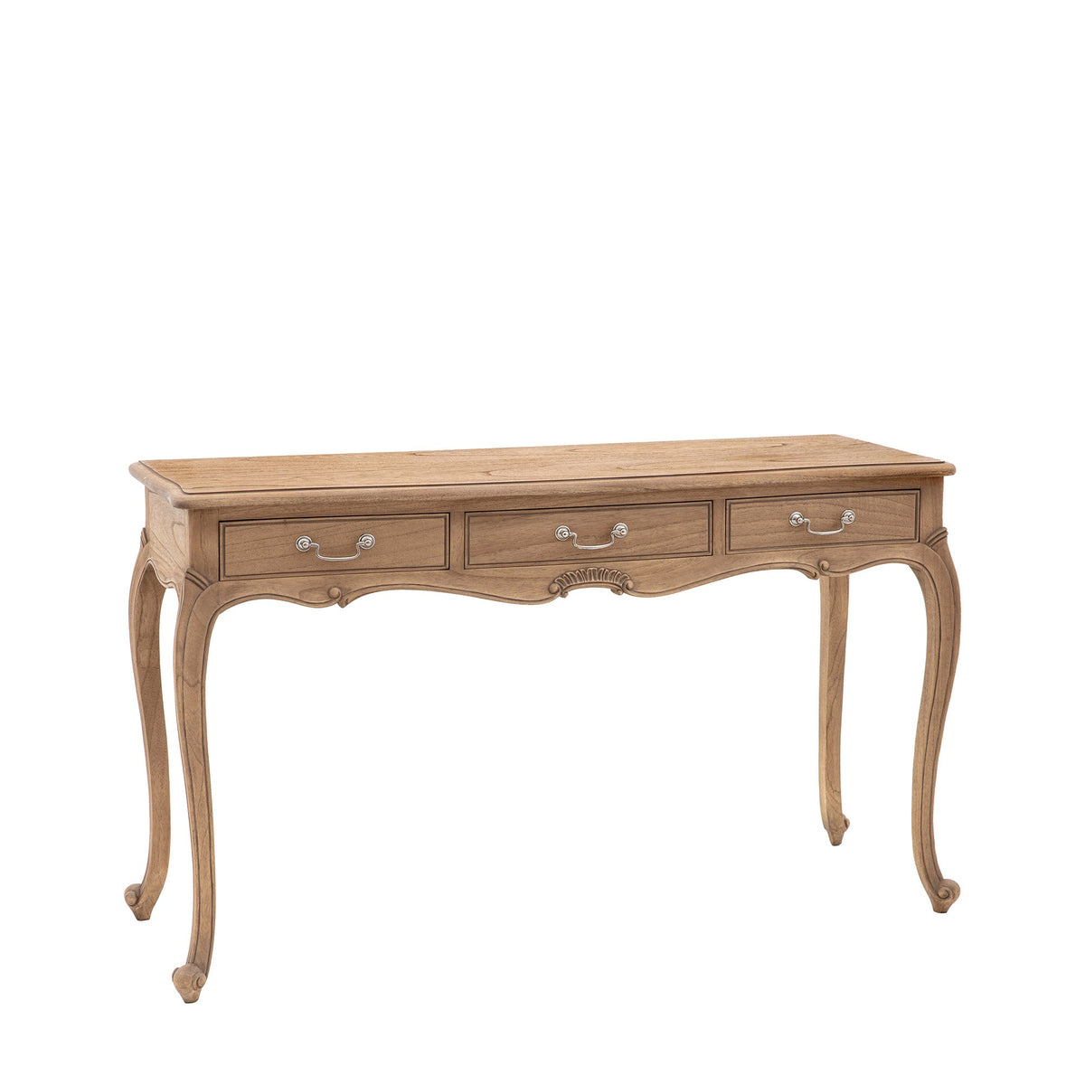 Wooden dressing table with curved legs on a white background