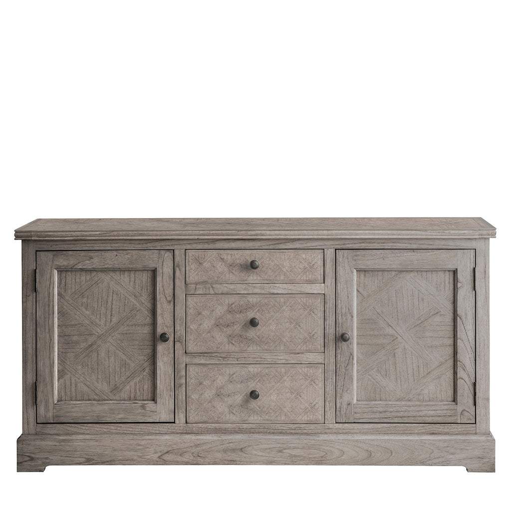 Faringdon Sideboard featuring 2 doors and 3 drawers with elegant parquet wood top design and turned legs, perfect for dining room storage and display
