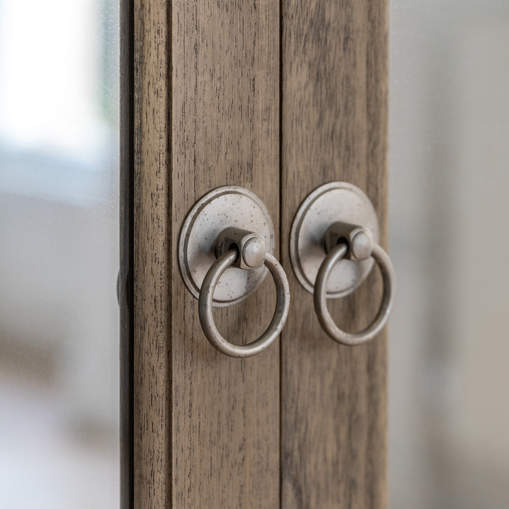 Detail view of Faringdon Wardrobe's door hardware, showing the brass handles and hinges that complement the natural wood finish