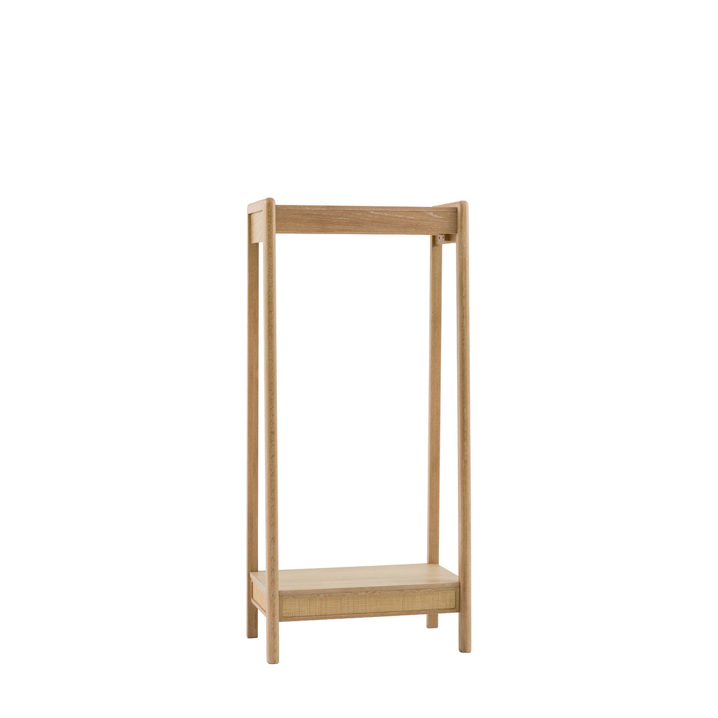 A minimalist light oak wood clothing rack with a single open shelf and a top hanging bar, shown on a solid white background.
