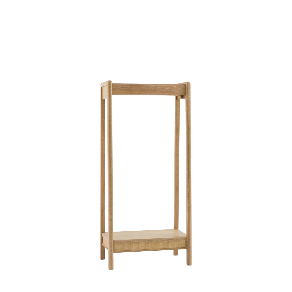 A minimalist light oak wood clothing rack with a single open shelf and a top hanging bar, shown on a solid white background.