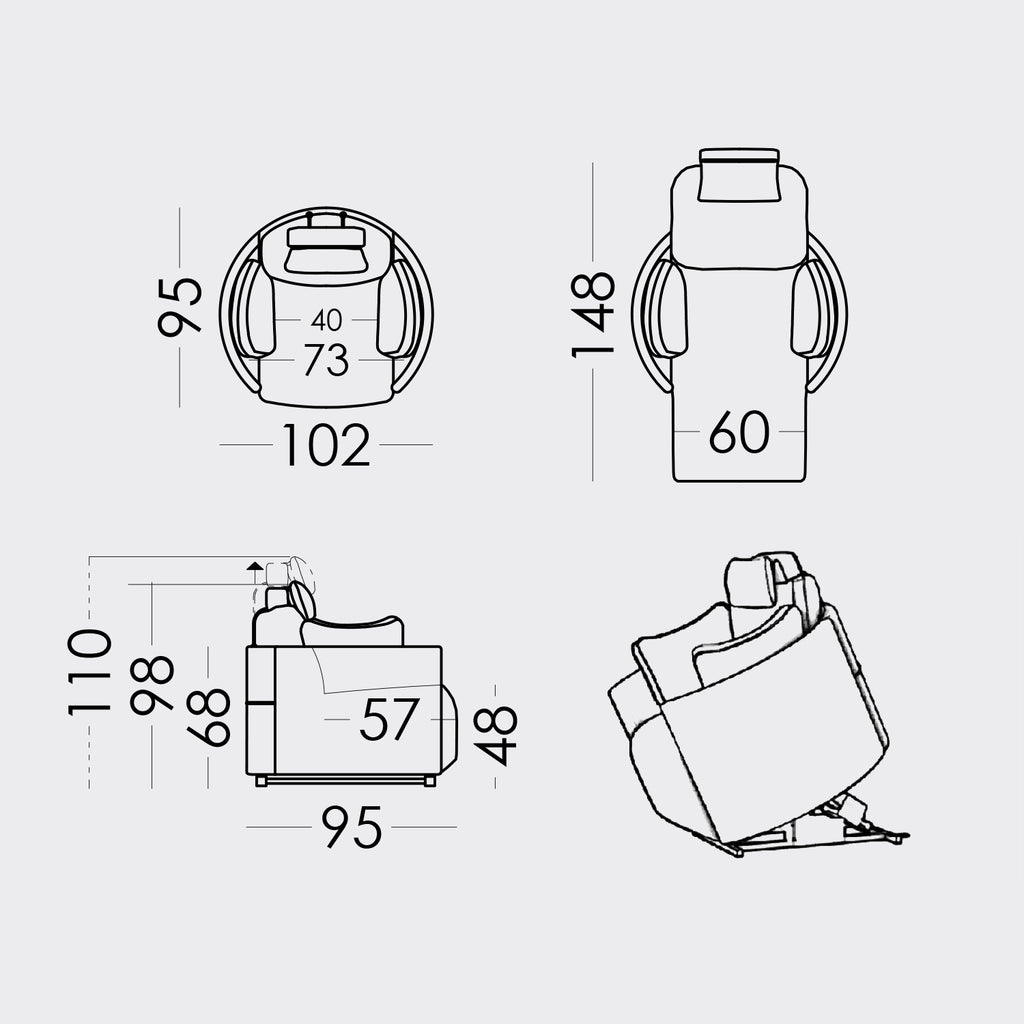Standard measurements for the Moonrise Powerlift armchair by Fama.