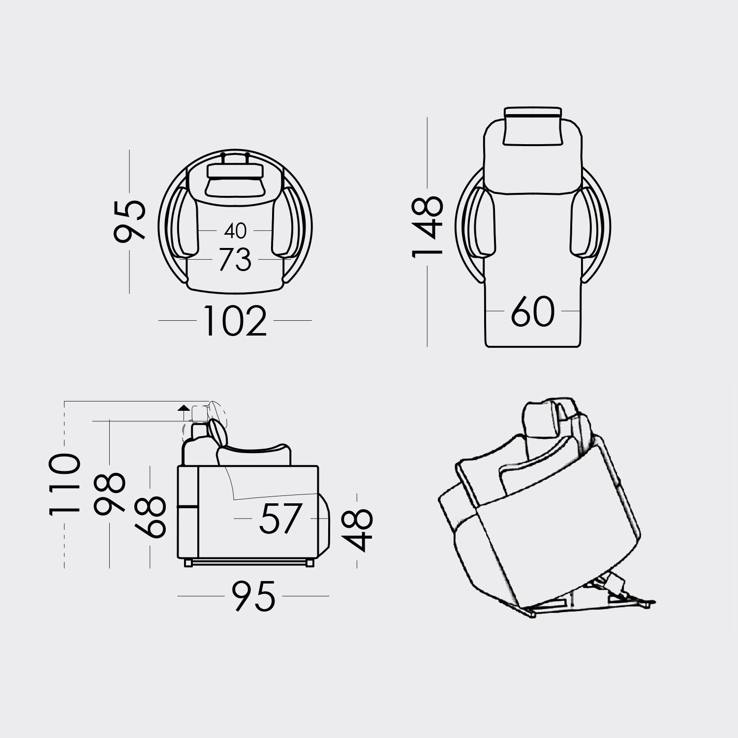 Standard measurements for the Moonrise Powerlift armchair by Fama.