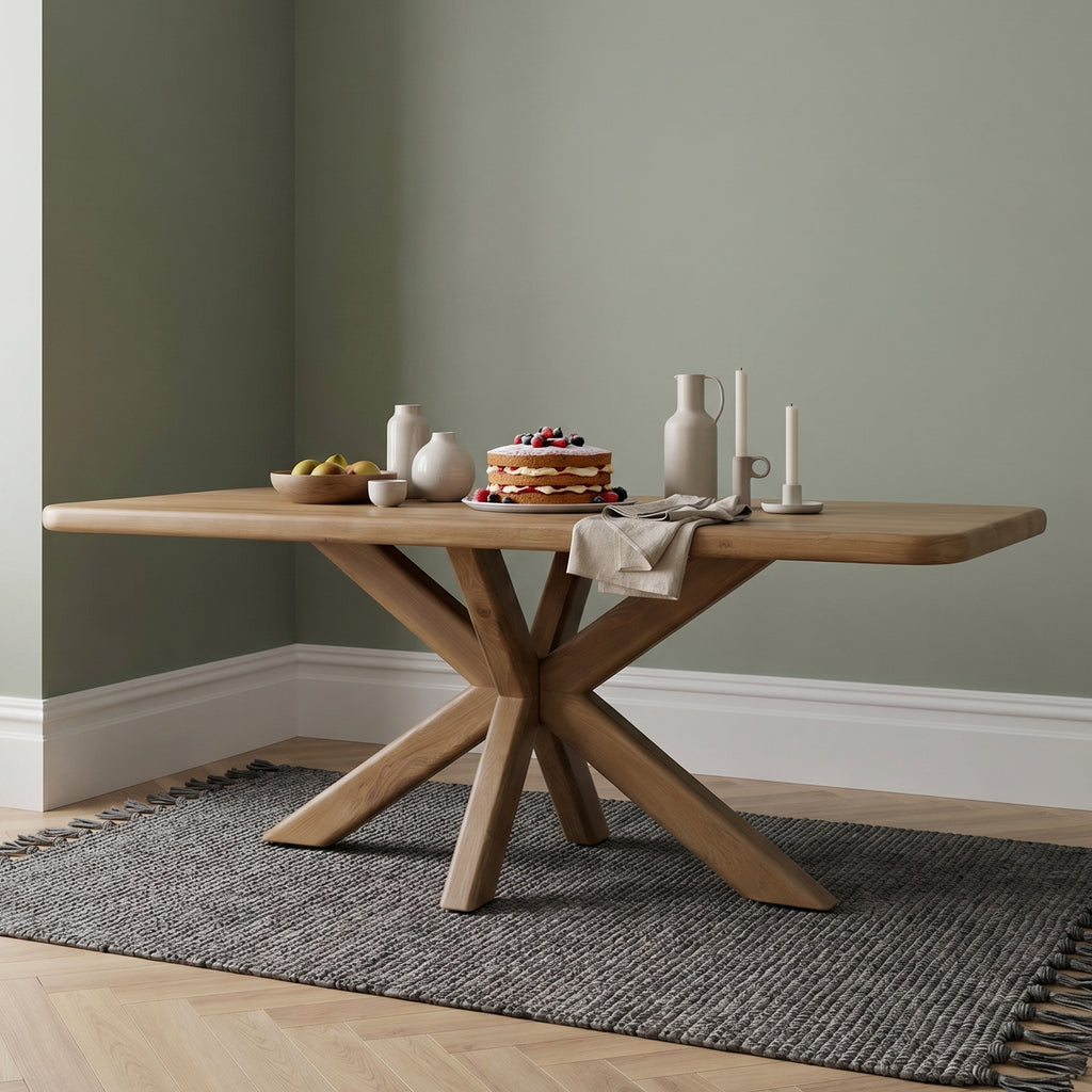 Wooden oak dining table with decorative items against a plain wall