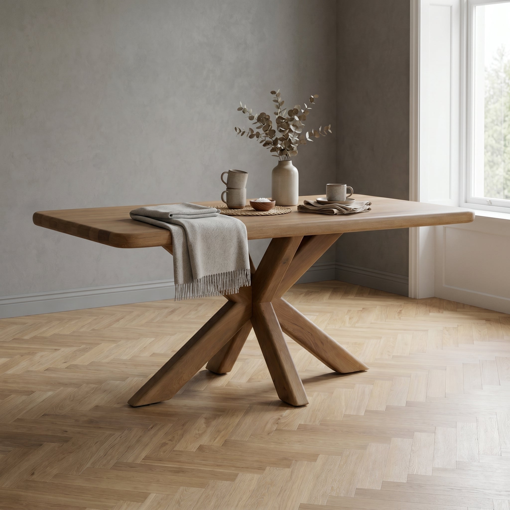 Wooden dining table with cross-leg design in a room with a window and grey wall.