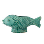 Green fish-shaped flowerpot with decorative scales for indoor plants.