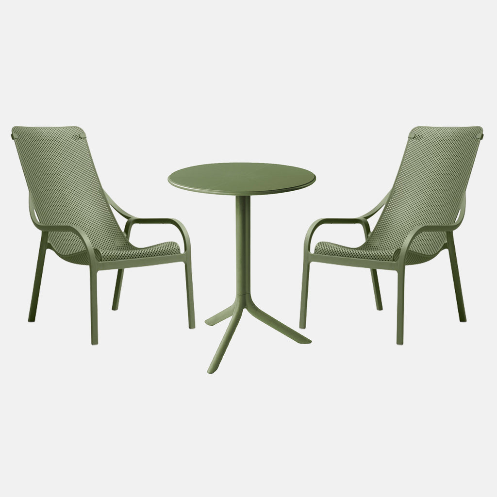 Agave green outdoor table with two matching chairs on a white background