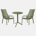 Agave green outdoor table with two matching chairs on a white background