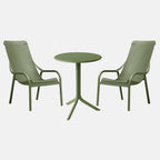 Agave green outdoor table with two matching chairs on a white background