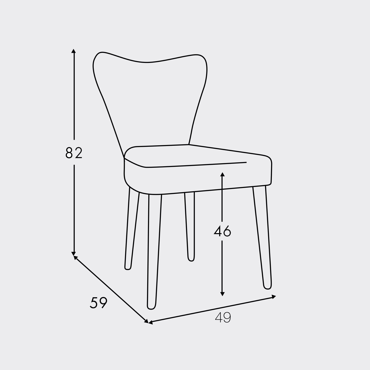 Measurements diagram of the Fama Ginger, showing the seat height of 46cm and depth of 59cm. Shop Fama dining chairs online.