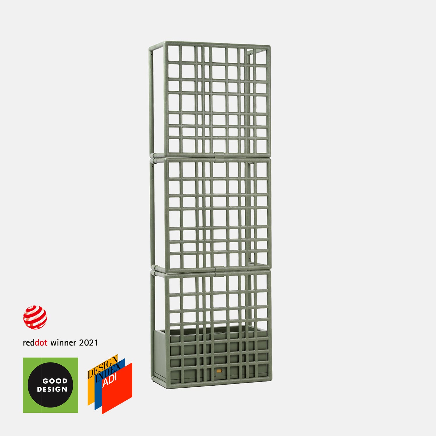 Award winning Sipario 3 garden planter in green on a plain background.