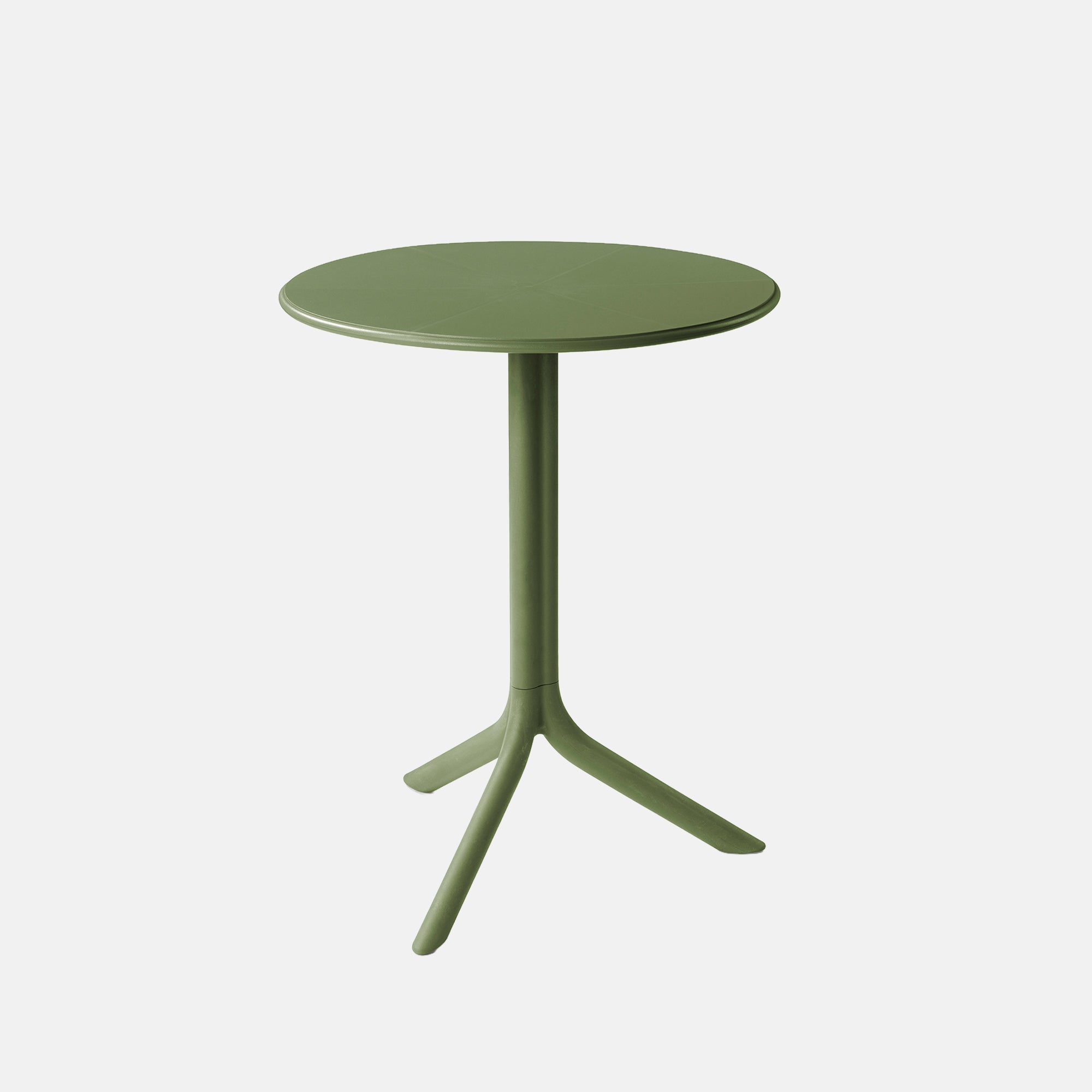 Green outdoor side table with three legs on a white background