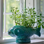 Teal fish-shaped planter with green plants on a windowsill