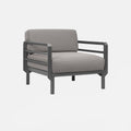 Grey Maximo armchair with black recycled plastic frame on a white background
