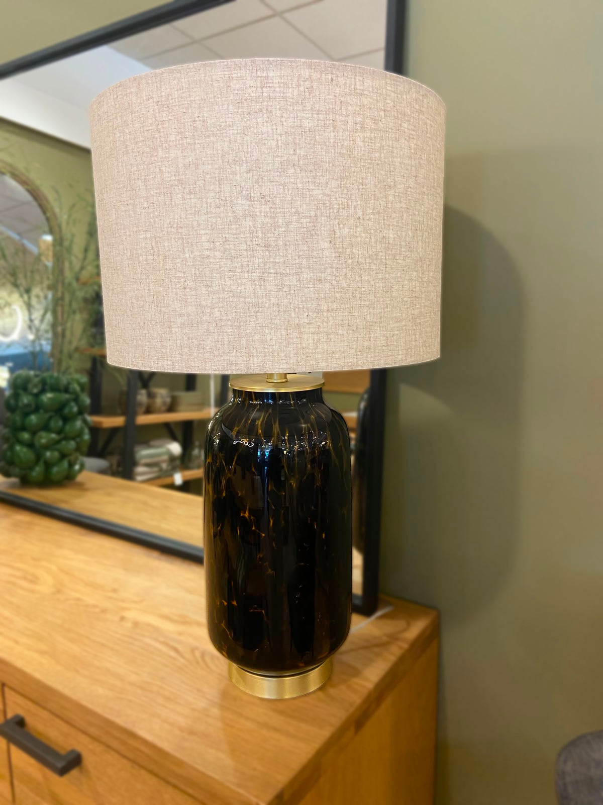 CLEARANCE - Tortoise Effect Glass Lamp with Linen Shade