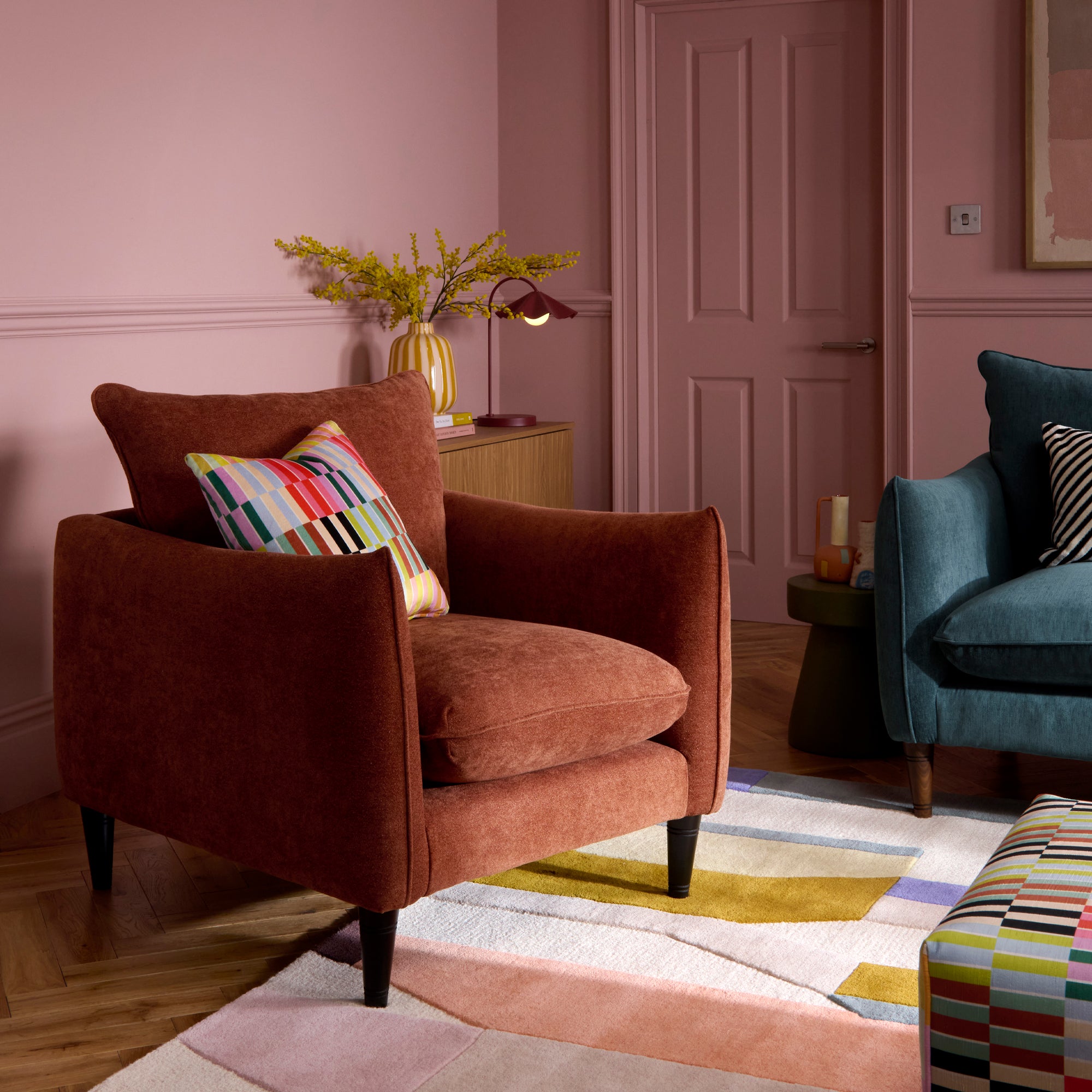 Cosy Room Set Of Kenmare Armchair In Mini Boucle Rust Fabric