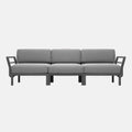 Grey outdoor sofa with armrests on a white background, seats 3 people