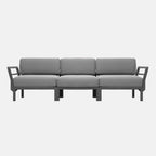 Grey outdoor sofa with armrests on a white background, seats 3 people