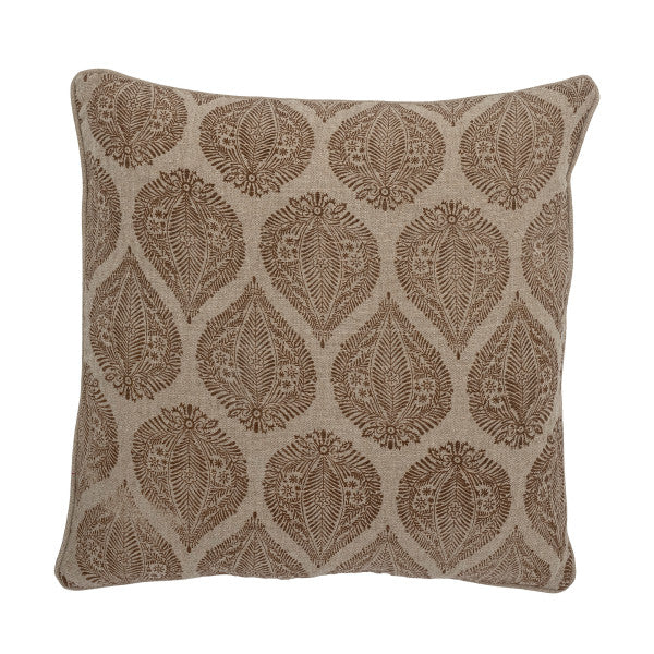 Cotton cushion with brown leaf pattern on the front