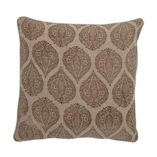 Cotton cushion with brown leaf pattern on the front