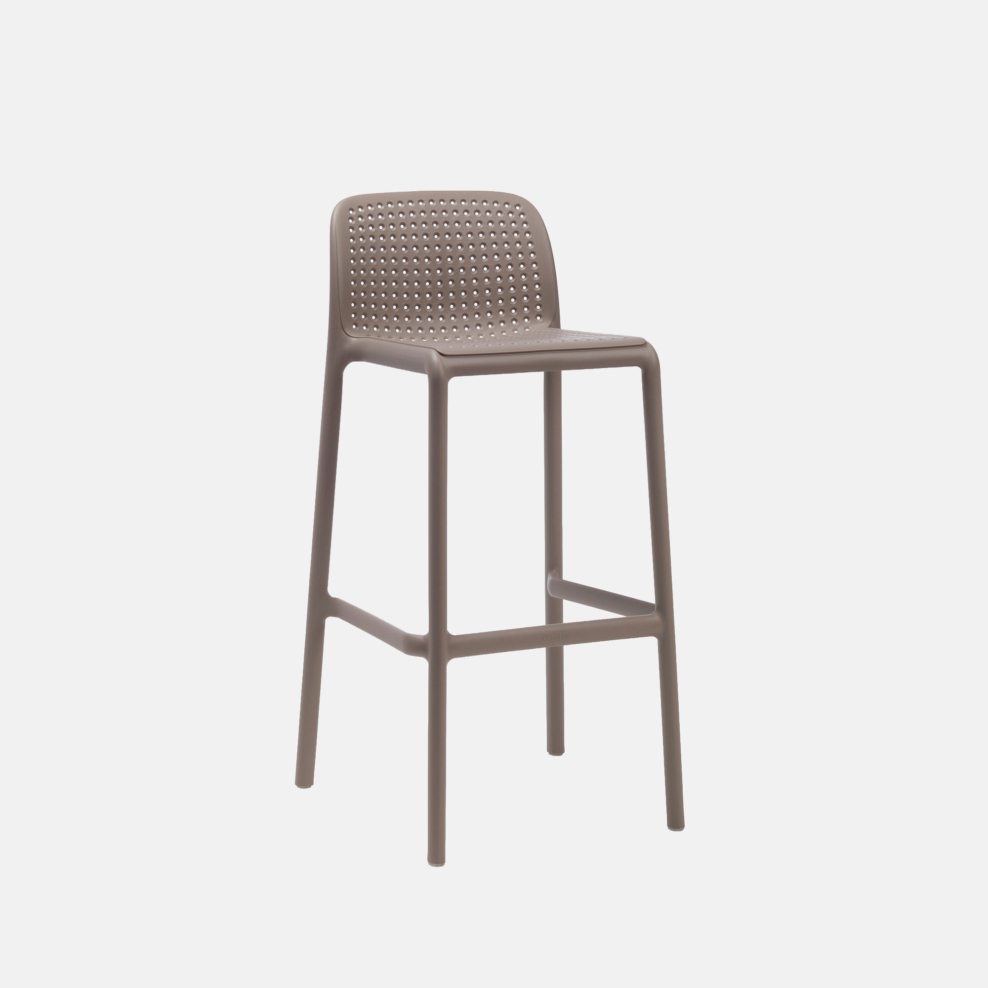 Taupe Lido bar stool with woven seat design on a light grey background