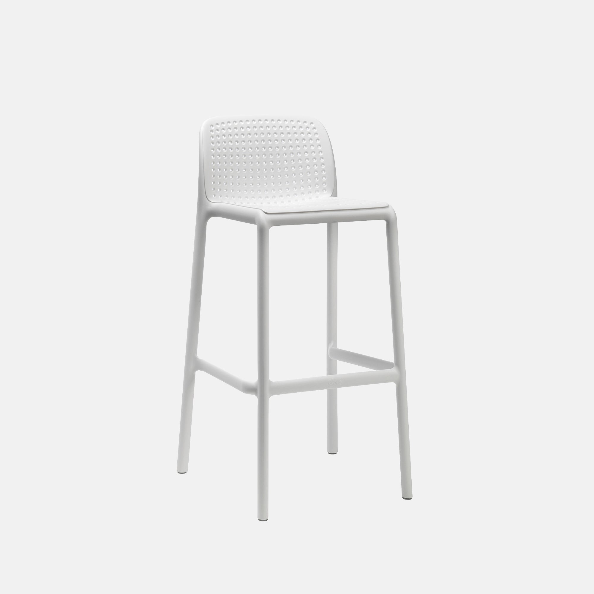 White Lido bar stool with woven seat design on a light grey background