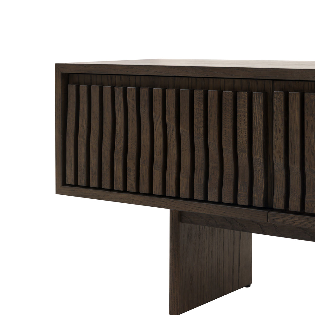 Walnut TV Unit with slatted design on a white background