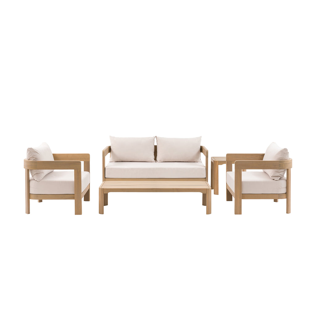 5 piece garden set with sofas and white cushions on a white studio background
