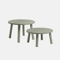 Two round 60cm outdoor coffee tables with a light green finish on a white background