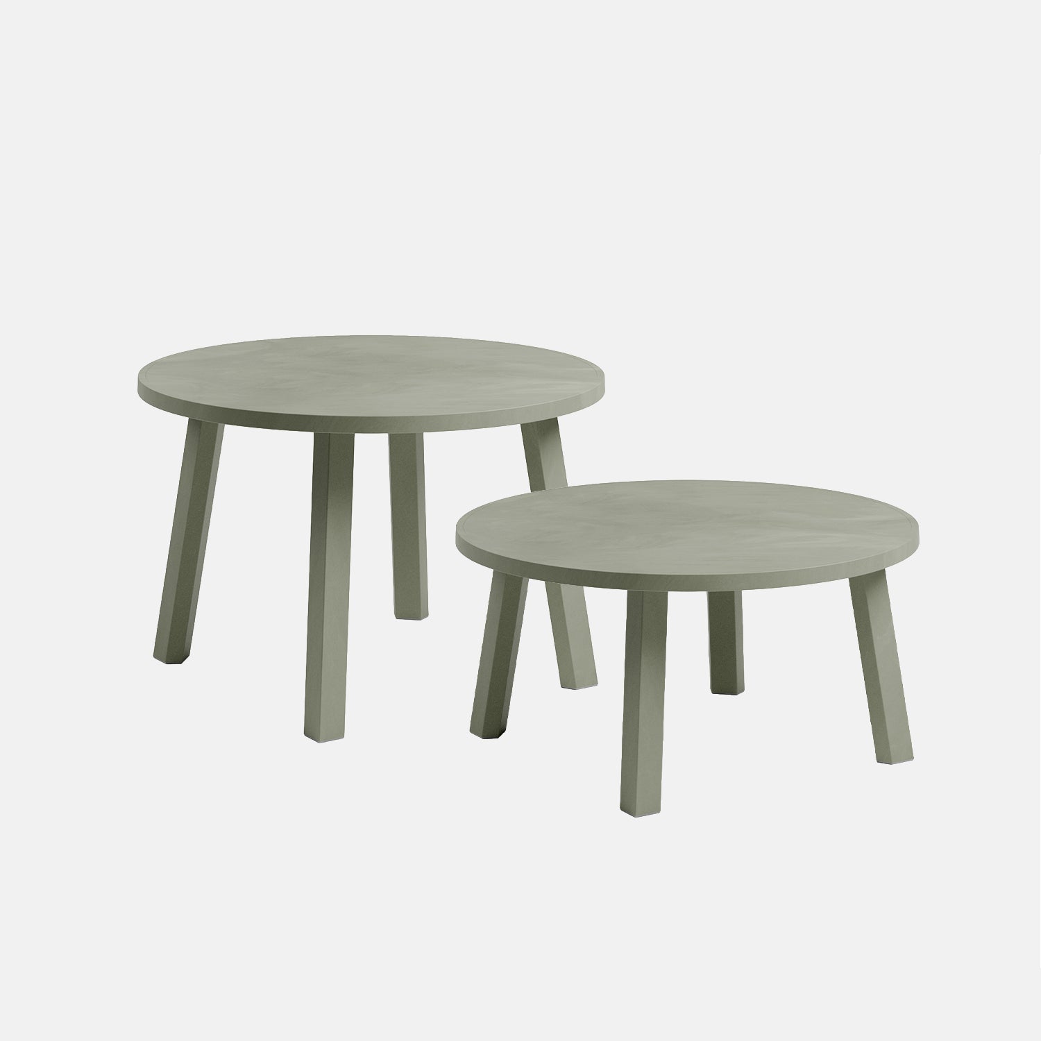 Two round 60cm outdoor coffee tables with a light green finish on a white background