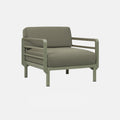 Olive green outdoor armchair with comfy cushions and green base on a white background.