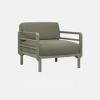 Olive green outdoor armchair with comfy cushions and green base on a white background.