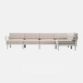 5 seat modular beige outdoor sofa with white frame on a white background