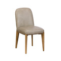 Dining chair with a light grey faux leather seat and curved backrest. Tapered natural wood legs, shown against a plain white background.