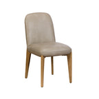 Dining chair with a light grey faux leather seat and curved backrest. Tapered natural wood legs, shown against a plain white background.