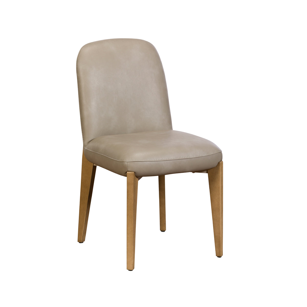 Dining chair with a light grey faux leather seat and curved backrest. Tapered natural wood legs, shown against a plain white background.