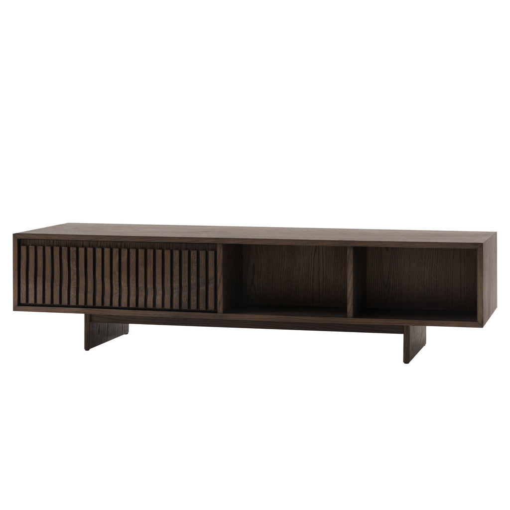 Modern walnut coffee table with clean lines and drawer