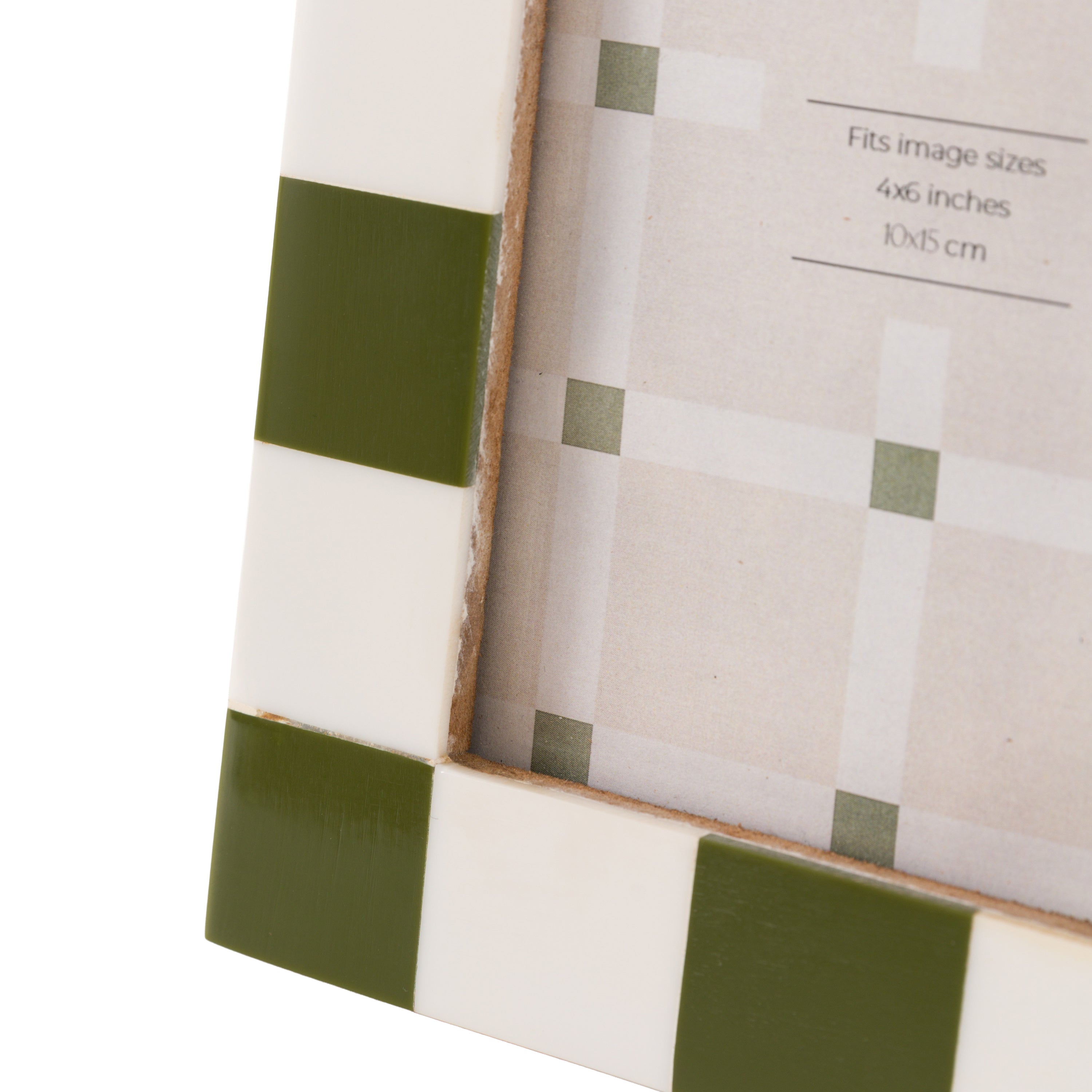 Green and white picture frame with dimensions label