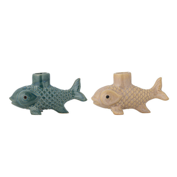 Set of 2 fish shaped candle holders. One blue & one taupe colour finish on a white background.